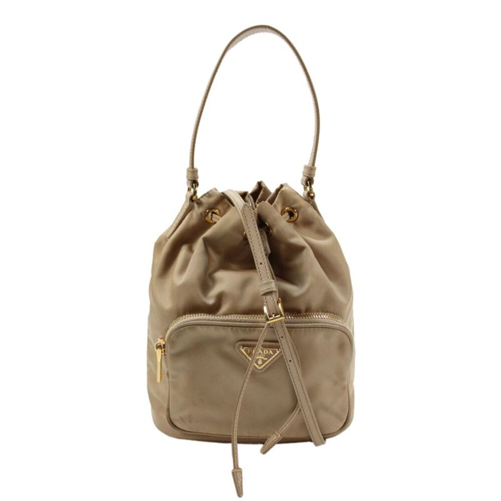 Prada Womens Drawstring Closure Gold Tone Crossbody Shoulder Handbag Beige